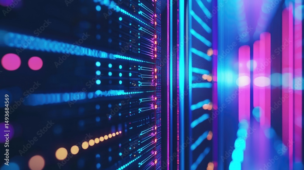 Poster Close-up view of futuristic glowing server racks with vibrant blue and pink neon lights, ideal for illustrating modern cloud computing, digital infrastructure, and IT systems