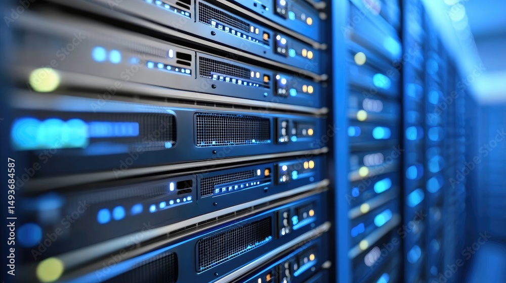 Poster Close-up view of modern blue-lit data servers in a network server room, showcasing advanced hardware for cloud computing, cybersecurity, and digital infrastructure systems