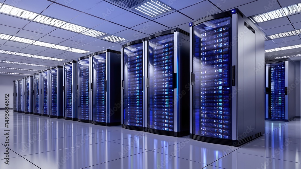 Aufkleber Wide angle view of a high-tech server room with rows of illuminated data racks, reflecting advanced cloud infrastructure and enterprise computing environments