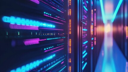 Obraz premium Colorful neon-lit data center corridor with glowing server racks in blue, purple, and orange tones, ideal for illustrating advanced cloud computing and digital infrastructure