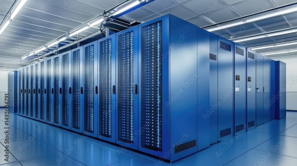 Aufkleber Large blue data center interior with rows of illuminated secure server cabinets, showcasing modern enterprise infrastructure for cloud computing and IT operations
