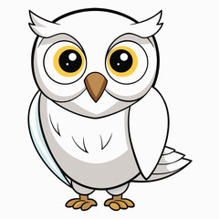Standing cute cartoon owl with white feathers and large yellow eyes looks ahead