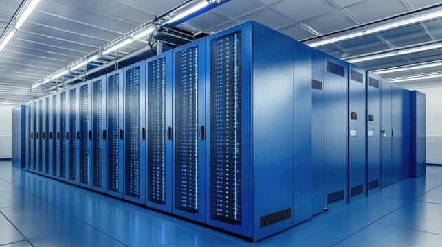 Large blue data center interior with rows of illuminated secure server cabinets, showcasing modern enterprise infrastructure for cloud computing and IT operations