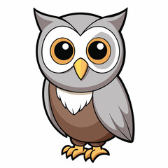 Fototapeta premium Cute cartoon owl with large yellow eyes standing isolated on a white background