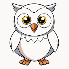 Cute white owl cartoon character stands upright with golden eyes and tiny beak