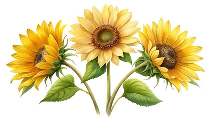 Naklejka premium Three beautiful sunflowers with stunning yellow petals and vibrant green leaves