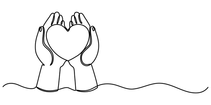 hand holding love shape Hands holding a heart are outlined in a continuous one line drawing, placed on white or transparent background continuous one line drawing, Hand.                      