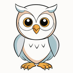 Standing cartoon owl with orange eyes and beak looks ahead innocently