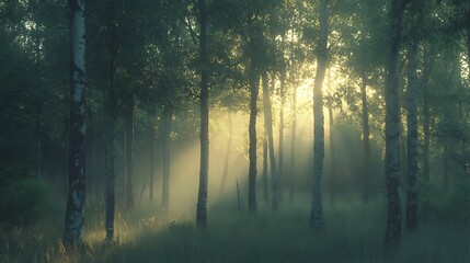Misty morning sunlight filtering through a dense forest.