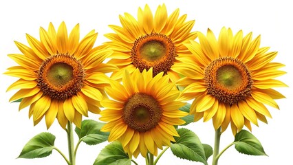 Obraz premium A bright and cheerful arrangement of several vibrant sunflowers on a white backdrop