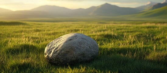 Serene Sunset Landscape: A Solitary Boulder in a Vast Meadow