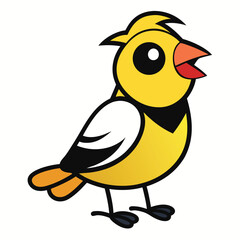 Cheerful cartoon yellow bird with open beak appears to sing happily on a white background