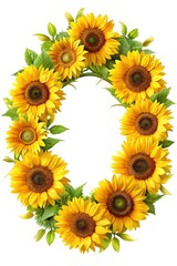 Circular Sunflower Wreath Frame on White Background, Perfect for Autumn or Summer