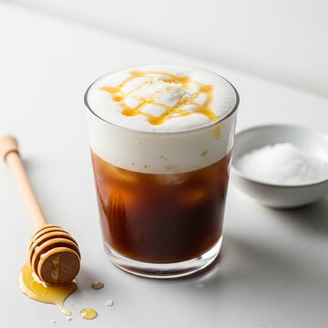 Clear glass of iced latte with honey drizzle, sea salt flakes on foam, honey dipper and salt bowl beside on white background
