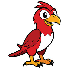 The cheerful red cartoon bird with a yellow beak and feet is smiling