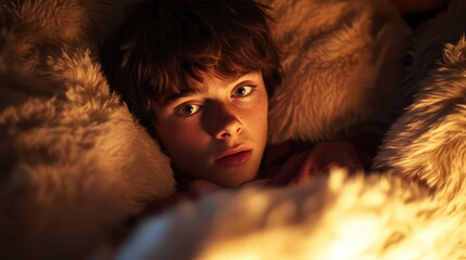 A boy looks thoughtfully while snuggled in soft blankets, illuminated by warm light, evoking a sense of curiosity and wonder.