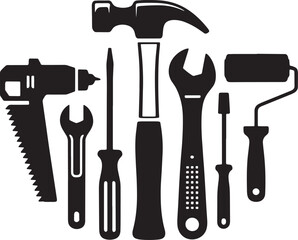Essential Tools Collection Black Silhouettes for Construction and Home Improvement Projects