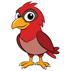 Red cartoon bird with amber beak and feet stands on white background