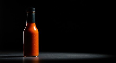 A bottle of hot sauce against a dark background space