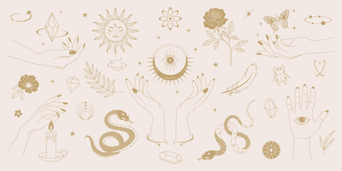 Mystical boho doodle set with hands, eyes, snakes, plants, crystals and moon symbols. Beige and gold color scheme. Ideal for tattoos, stickers, posters, witchy and spiritual designs.