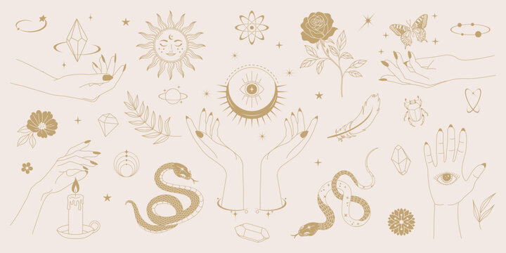 Mystical boho doodle set with hands, eyes, snakes, plants, crystals and moon symbols. Beige and gold color scheme. Ideal for tattoos, stickers, posters, witchy and spiritual designs.