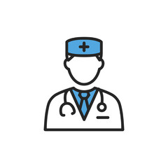 Fototapeta premium Doctor icon with a stethoscope and blue cap on a simple white background for medical concept