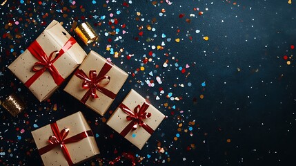 Festive gift boxes on a dark background with confetti.