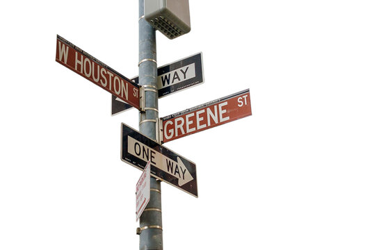 West Houston Street and Greene Street street signs in the Soho Cast Iron Historic District. Transparent background.