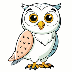 White cartoon owl is standing looking forward with big yellow eyes and beak