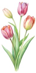 Obraz premium Watercolor Painting of Tulips with Various Shades of Pink and Green Leaves