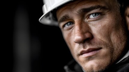Construction worker in hard hat, focused expression, showcasing dedication and strength, ideal for industry-related themes.