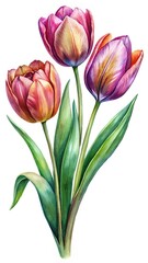 Watercolor painting of three beautiful tulip flowers with green leaves, white background