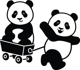 Playful Pandas Pushing Wagon Art, Fun Panda Duo Graphic for Kids Story