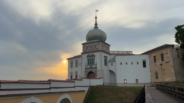 View of the Old Castle on a hill above the Neman River in Grodno. Fortress walls, churches, and a palace. A complex of defensive, religious, and secular structures. Belarus. 4К
