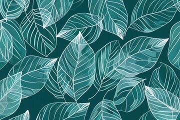 Botanical Pattern: Teal and white leaf design with minimalist white line illustration