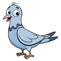 Cheerful cartoon pigeon stands playfully, displaying its charming blue feathers and endearing cartoon features