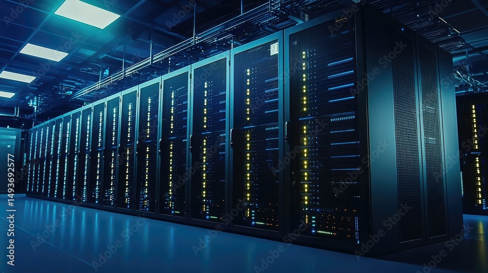 Poster Interior of a modern data center with illuminated black server racks and blue ambient lighting, ideal for cloud computing, IT security, and digital network infrastructure visuals
