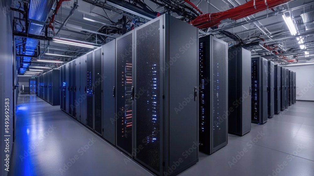 Poster Advanced enterprise data center with multiple rows of black server racks, structured cabling, and overhead lighting, suitable for illustrating cloud systems and secure IT infrastructure
