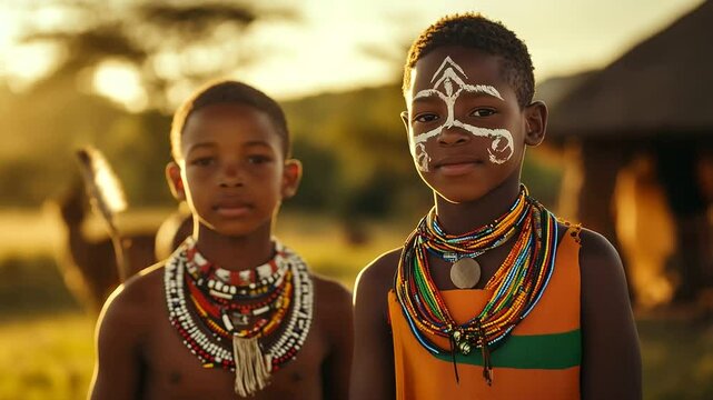 Two young African boys wear colorful traditional tribal attire and layered beaded necklaces, faces adorned with delicate white tribal paint, standing proudly in a sunlit village se