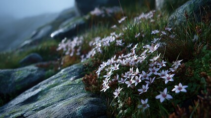   White flowers on green hill, near rocks and grass