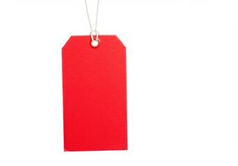 Isolated bright red tag hanging from a thin white string