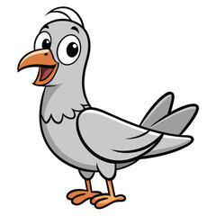 Smiling cartoon pigeon stands cheerfully with an open beak, ready to take flight