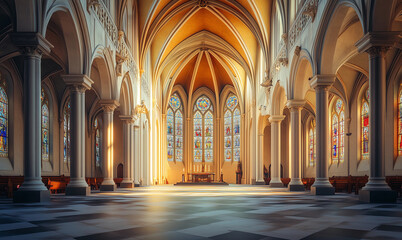 Obraz premium Gothic Cathedral Hall Interior with Vaulted Ceilings and Pointed Arches – Extreme Long Shot. Sacred Architecture