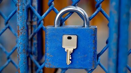 Blue Padlock with Key on Chain Link Fence, Security, Access Control
