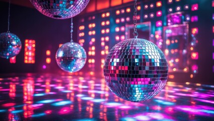 Obraz premium In a brightly illuminated hall, disco balls dangle from above, reflecting various shades of pink, purple, red, and blue through endless tiny square mirrors
