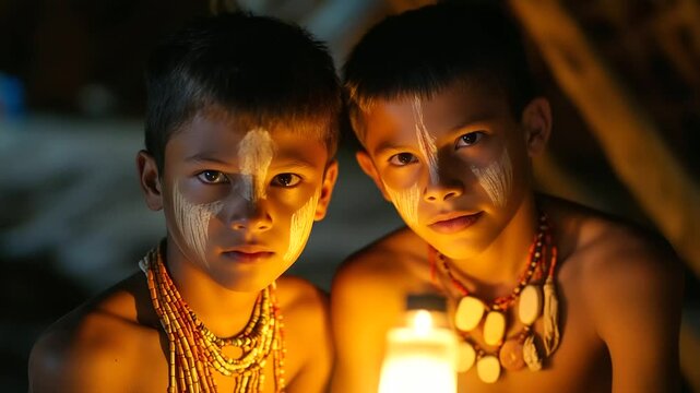 Twilight portrait of two boys under glowing village lantern, beaded necklaces catching light, tribal face paint symbolic of youth and identity