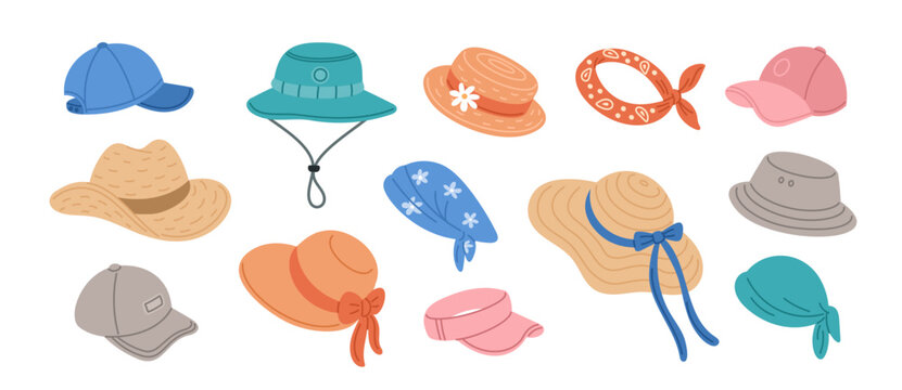 Naklejki Summer hats and headgears. Cartoon sun protective head accessories, beach panama, straw hats, patterned bandanas and caps, women men and kids fashion headwear, garish vector isolated set