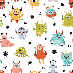 Monsters seamless pattern. Cute little characters, repeated funny mascot, childish creepy demons, fabulous creations. Textile, wrapping paper, wallpaper. Print for fabric tidy vector background