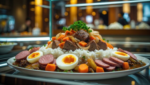 Pilaf: A traditional meal featuring rice, meat, carrots, onions, quail eggs, and kazy. Available in a buffet or self-service setup.