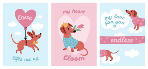 Funny dachshund cards. Cartoon purebred dog characters, love and romantic posters with cute happy pets, valentine greeting banners, playful adorable domestic animal, garish vector set